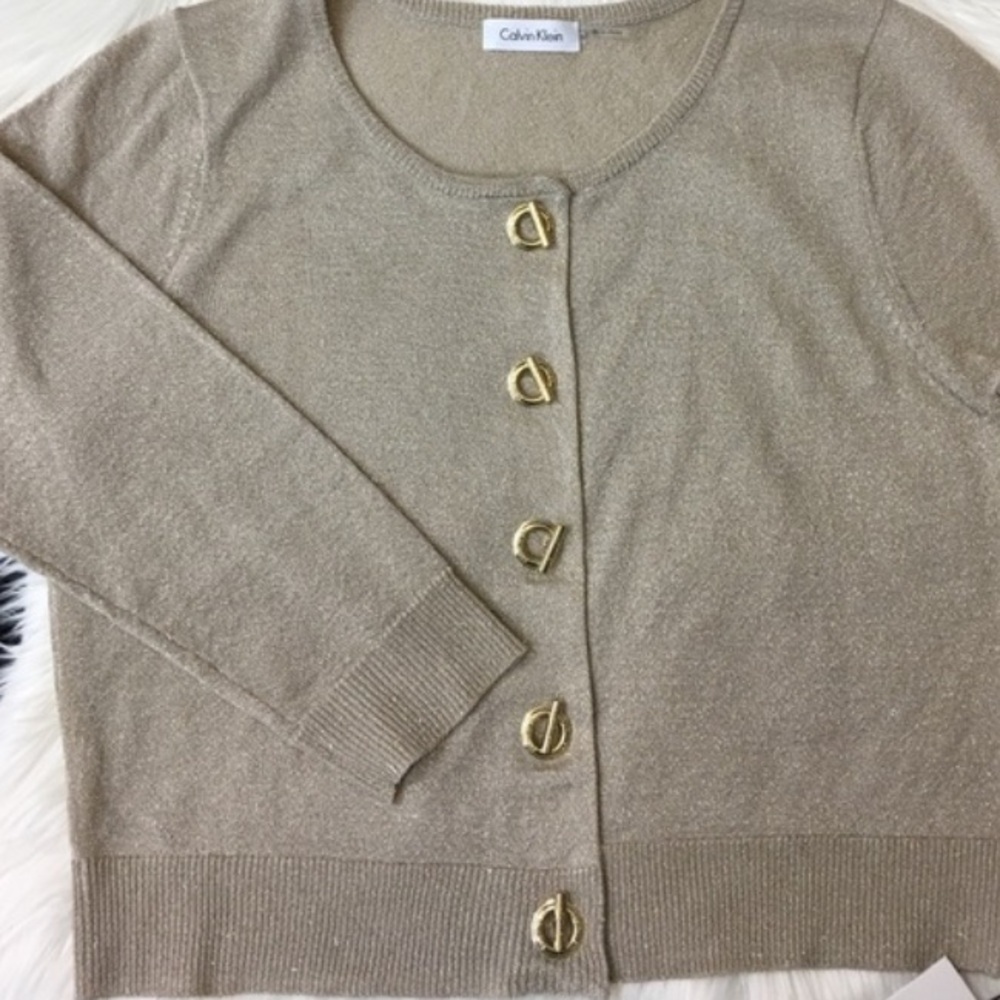 Calvin Klein Gold Metallic Toggle Buttons Cropped Cardigan  sleeve 3/4 size M - Picture 4 of 5